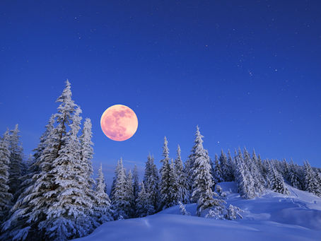 Winter landscape in the mountains of Tahoe at night. A full moon and a starry sky.