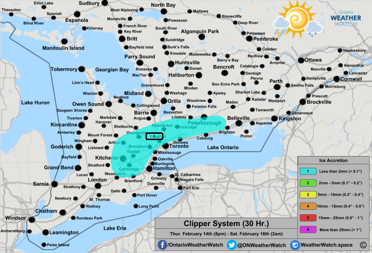 Freezing Rain Forecast, for Southern Ontario. Issued: February 14th, 2019.