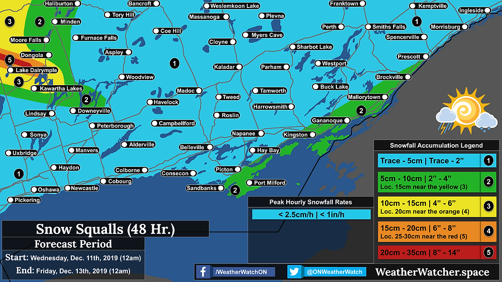 Snowfall Forecast, for Southern Ontario (Prince Edward County). Updated December 10th, 2019.