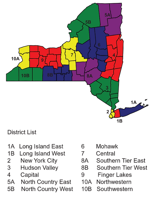 Fccla district map which shows New York divided into the 14 New York State FCCLA districts