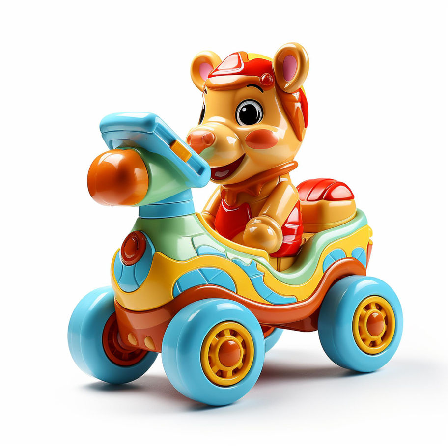 A bear toy is driving a small vehicle. I'm Product. Colorful toy and design.