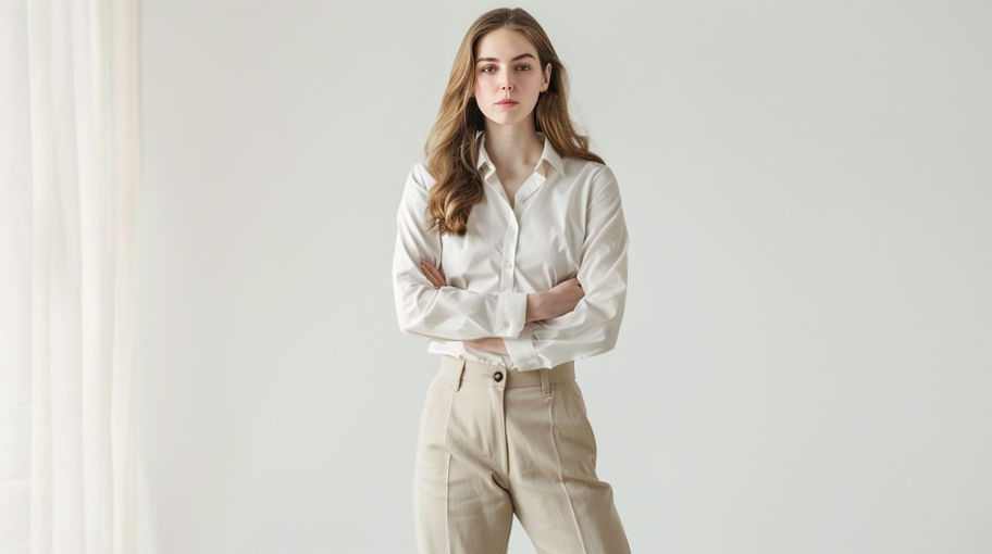 Young woman with arms crossed, wearing white shirt and khaki pants. Girlz Fashion