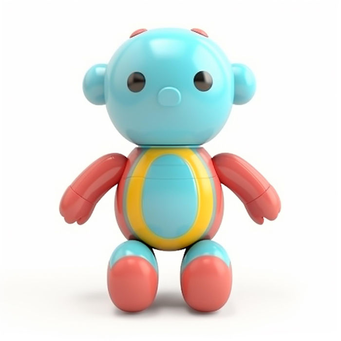 A cartoon-like blue and red figure sitting on white background. Toyture.