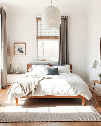 Bright, inviting bedroom designed for short-term rentals, clean lines, cozy textiles, simp