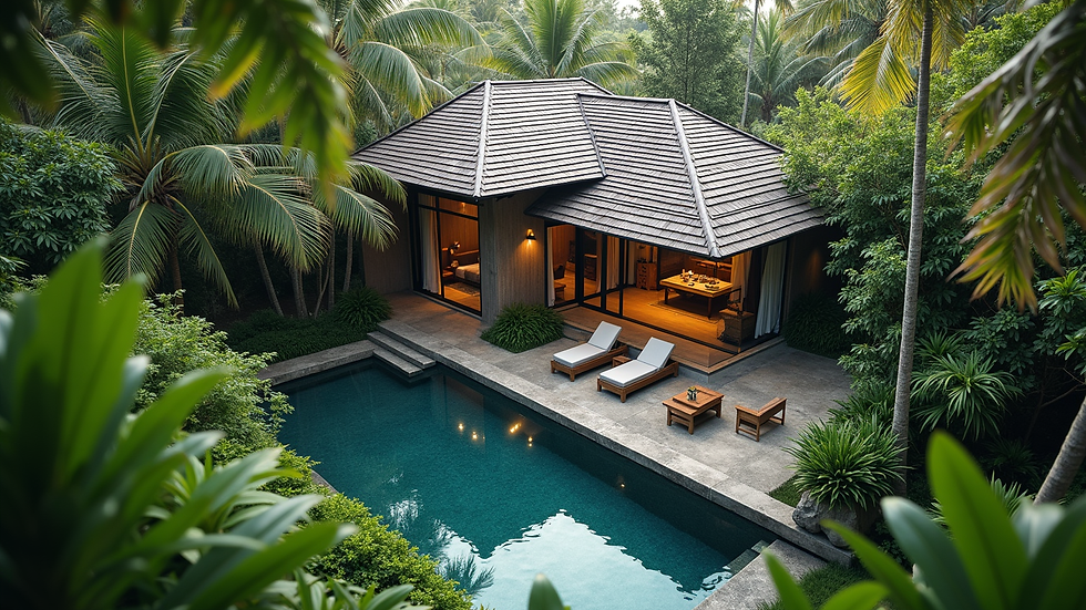 High angle view of a tropical modern house surrounded by lush greenery