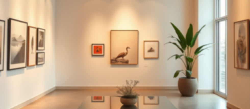 Minimal art gallery interior with warm lighting, neutral walls, curated artworks, tropical