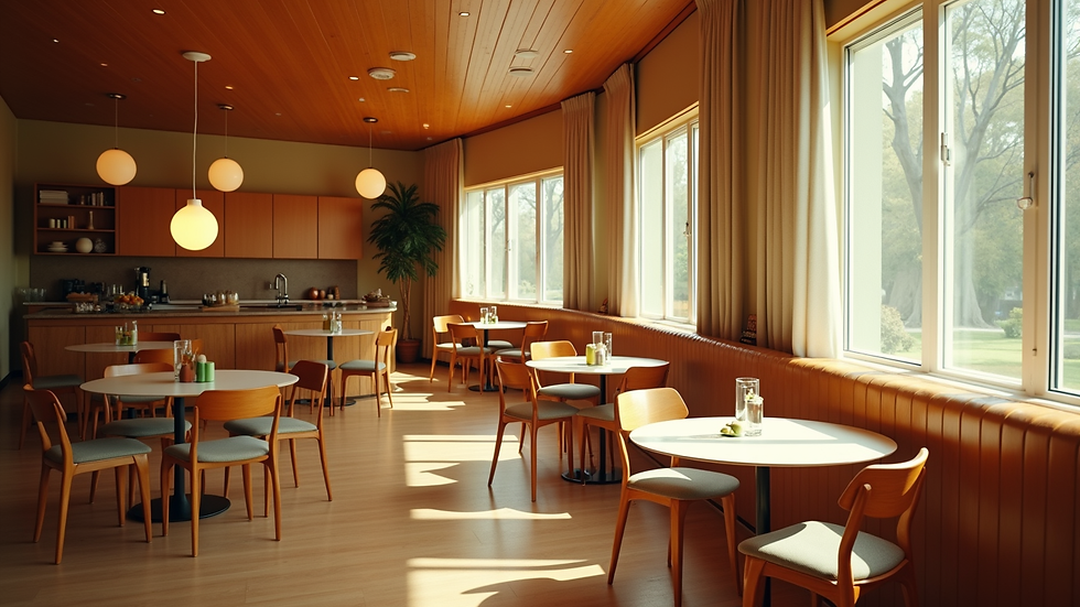 High angle view of a midcentury style dining area with matching furniture and lighting