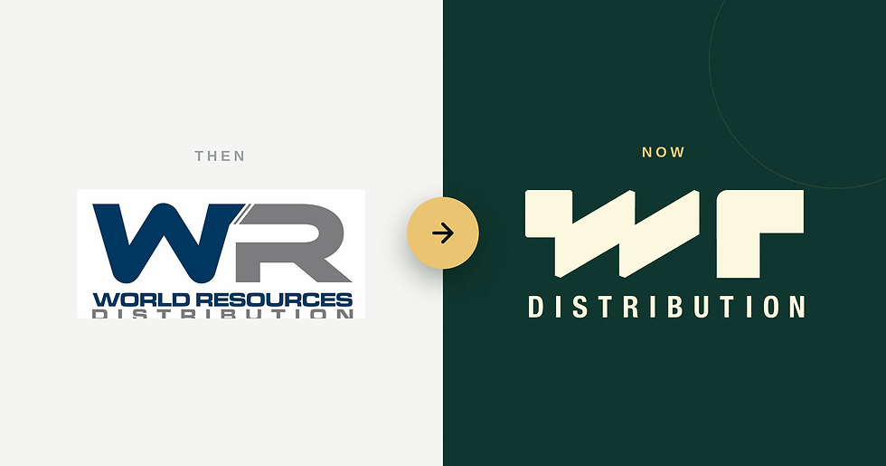 Split-screen logo redesign: THEN World Resources Distribution logo, arrow to NOW WF Distribution on dark green background.