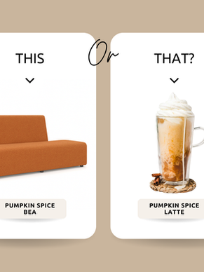 Side-by-side comparison of Flexxform’s Bea chair in pumpkin spice orange upholstery versus a pumpkin spice latte, with text reading 'This or That?