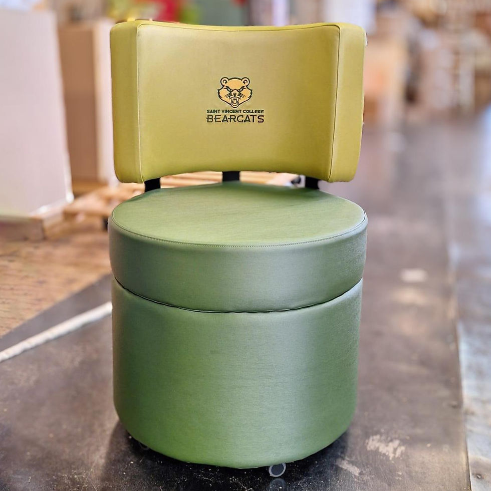 Custom Gio with a highback on casters and a logo on the back.