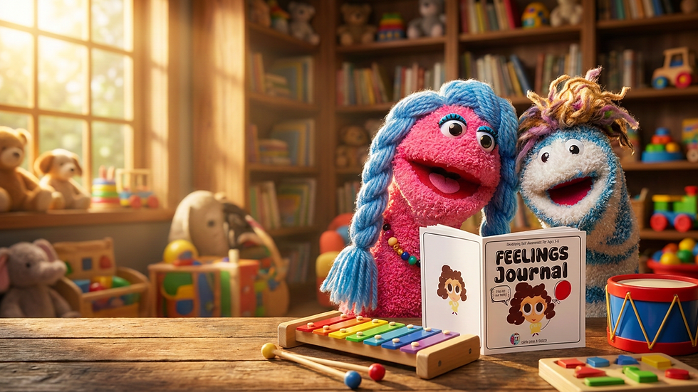 Colorful puppets engaging with The Children's Book, The Feelings Journal: An interactive social emotional learning book to teach self-awareness.