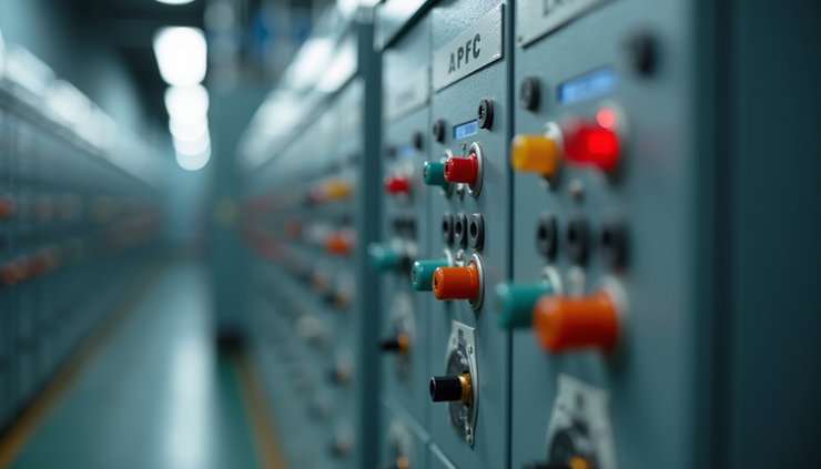 Eye-level view of an APFC panel installed in an industrial electrical room