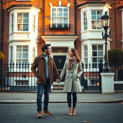 Young couple outside their new home in London – supported by Yellow Brick Surveyors during the buying process.
