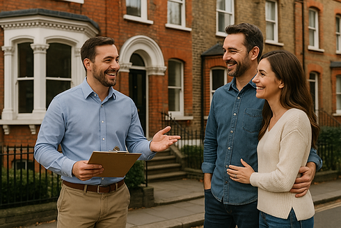 Surveyor discussing home survey findings with clients outside a Bournemouth property – Yellow Brick Surveyors