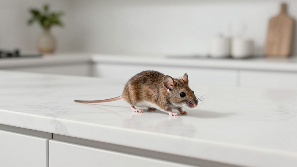 Kleine braune Maus auf einer weißen Küchenarbeitsplatte