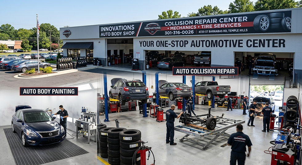 A high-angle view of Innovations Auto Body Shop Mechanics and Tire in Temple Hills, Maryland, showcasing our full-service Collision Repair Center. The top frame displays our professional facility at 4720 Saint Barnabas Road, while the bottom left highlights our clean auto body painting booth for flawless paint matching. The bottom right shows our busy service bay, where expert mechanics perform auto mechanical repairs, auto maintenance, and professional auto collision repair on various customer vehicles. Call us at 301-316-0026 for expert service
