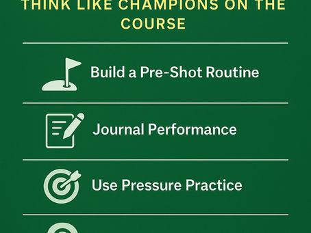 Green graphic with text: Scoring Mindset. Coaching golfers to think like champions. Tips: Pre-Shot Routine, Journal, Pressure Practice, Gameplan.