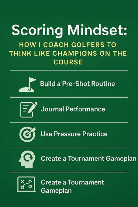 Green graphic with text: Scoring Mindset. Coaching golfers to think like champions. Tips: Pre-Shot Routine, Journal, Pressure Practice, Gameplan.