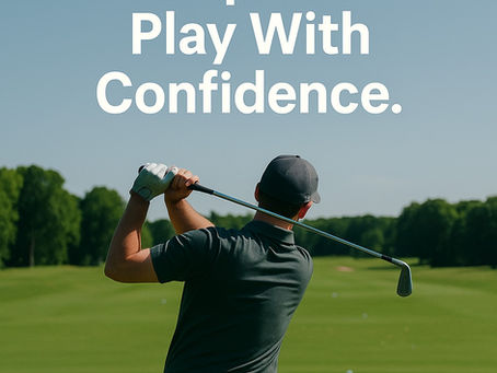 A golfer practicing on the range simulating a course shot with focus and alignment sticks.