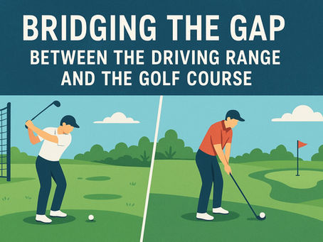 Illustration split in half showing the difference between practicing at a driving range and playing on a golf course. On the left, a golfer swings at the range with a net in the background. On the right, the same golfer prepares to hit a shot on the course toward a green with a flagstick. The text above reads, “Bridging the Gap Between the Driving Range and the Golf Course.”