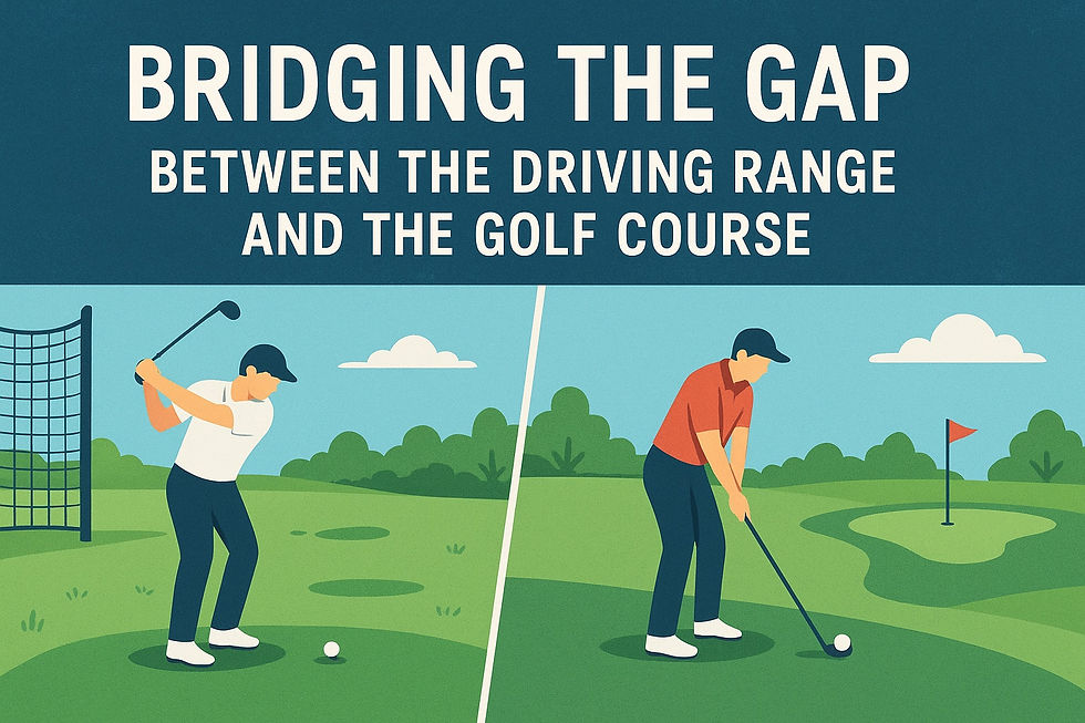 Illustration split in half showing the difference between practicing at a driving range and playing on a golf course. On the left, a golfer swings at the range with a net in the background. On the right, the same golfer prepares to hit a shot on the course toward a green with a flagstick. The text above reads, “Bridging the Gap Between the Driving Range and the Golf Course.”
