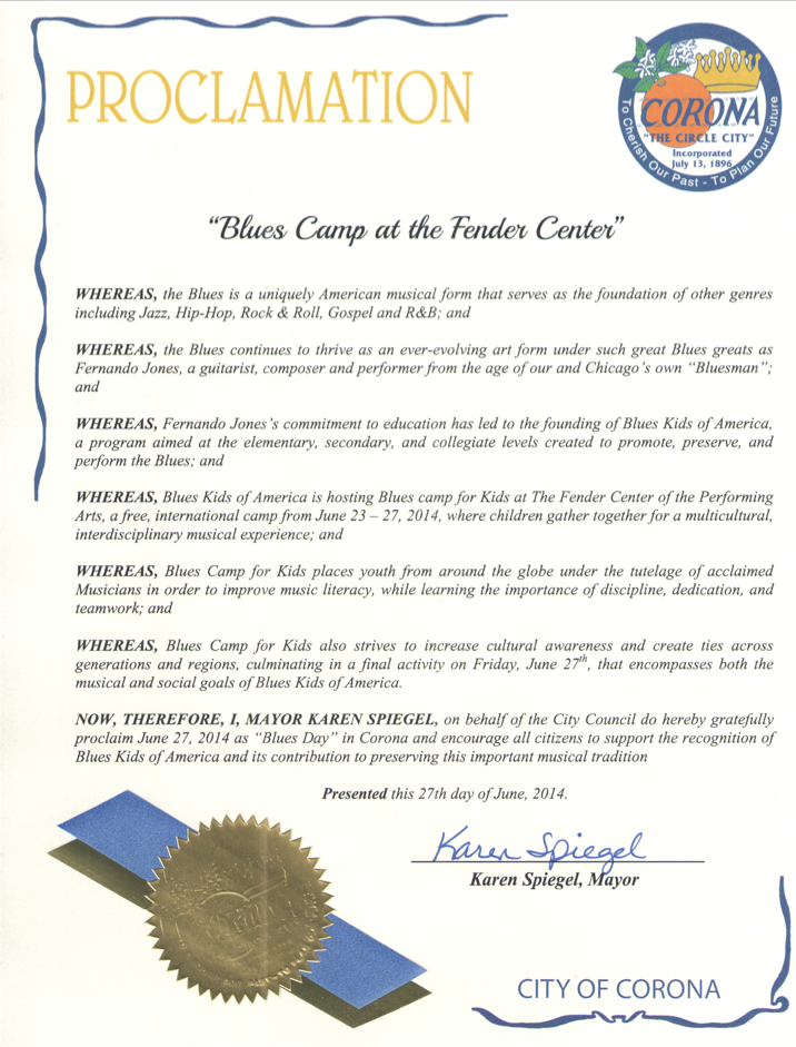 Corona, CA Proclamation: BluesKids.com