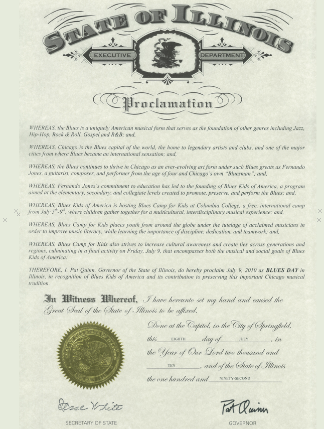 State of Illinois Proclamation: BluesKids.com