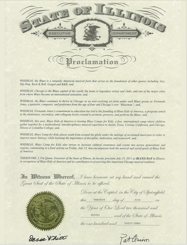 State of Illinois Proclamation: BluesKids.com