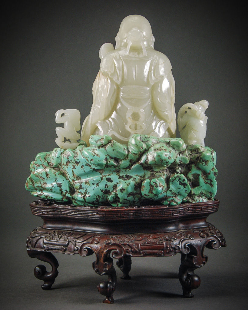 Thumbnail: Chinese Jade Shou Lau on Turquoise Boulder