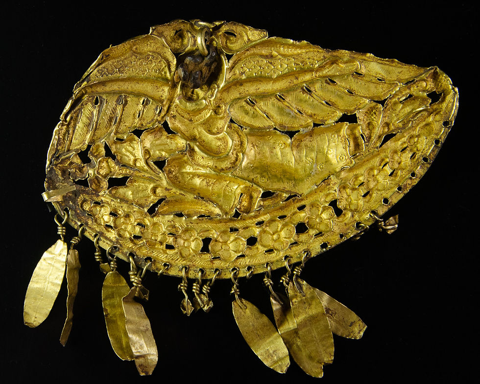 Thumbnail: Pair of Nepalese Gold Repoussé Ornaments, Winged Deities