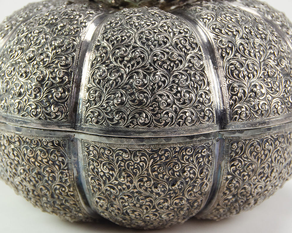 Thumbnail: Burmese Silver Repoussé Betel Nut Box, Gourd Form