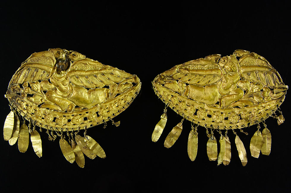 Thumbnail: Pair of Nepalese Gold Repoussé Ornaments, Winged Deities