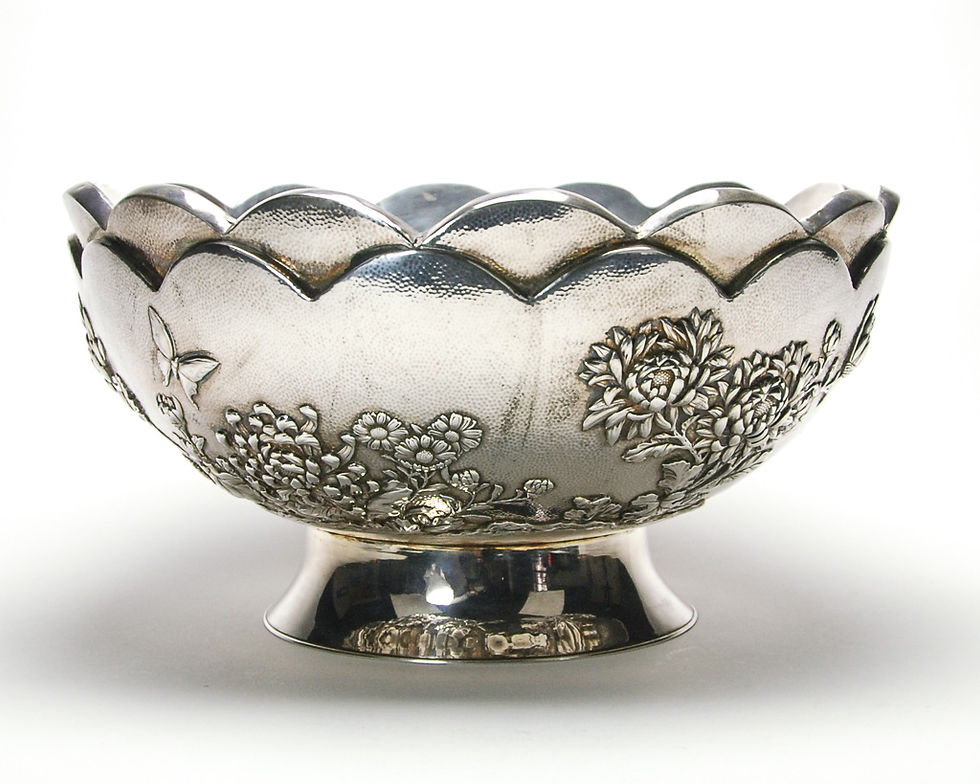 Thumbnail: Japanese Silver Scalloped Bowl, Floral Design