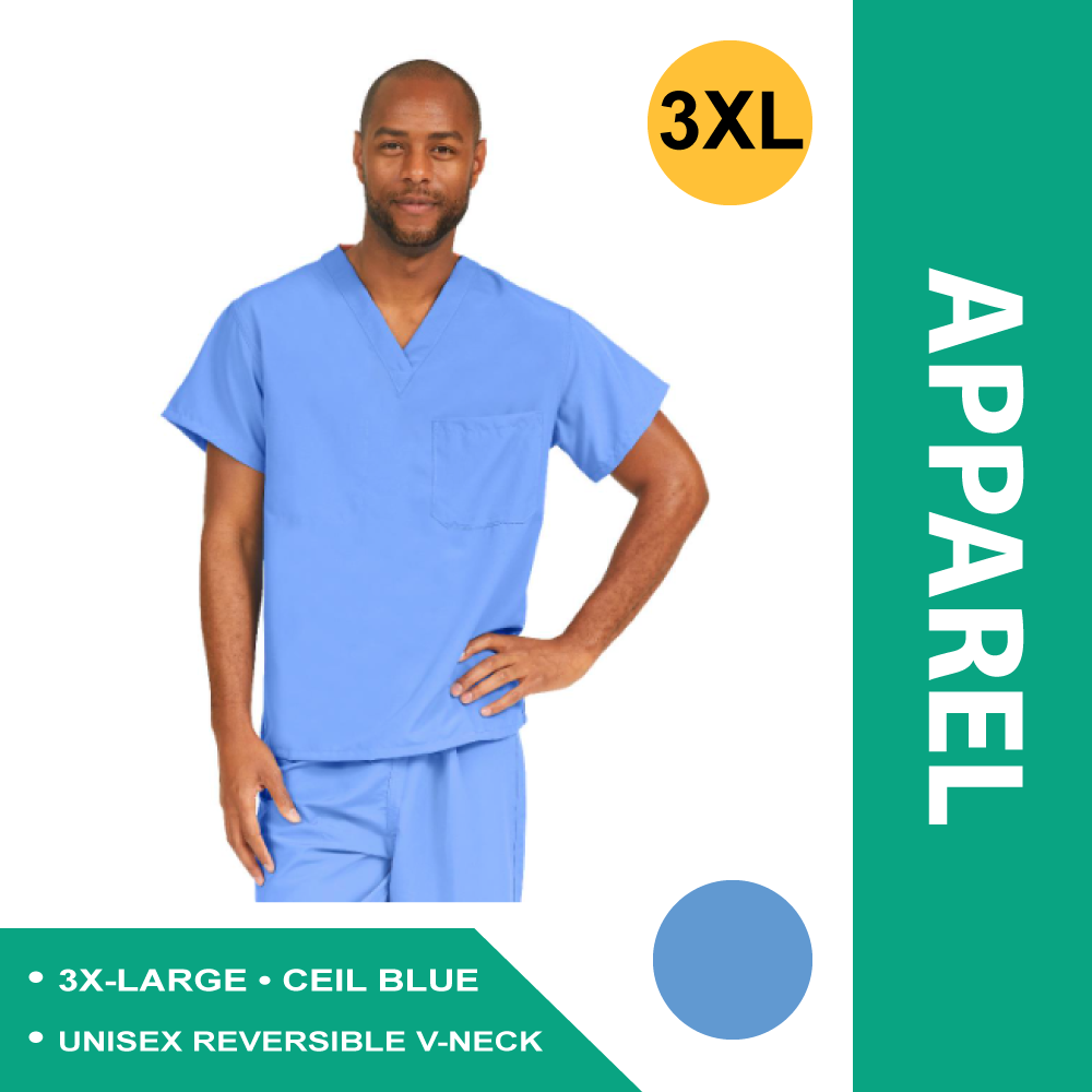 PERFORMAX UNISEX REVERSIBLE V-NECK SCRUB TOP W/ 2 POCKETS, CEIL BLUE, SIZE XXXL