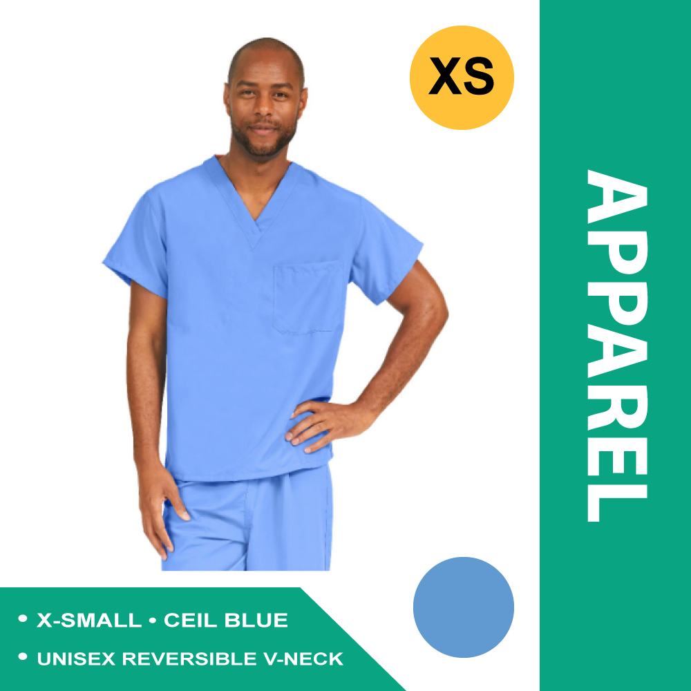 PERFORMAX UNISEX REVERSIBLE V-NECK SCRUB TOP W/ 2 POCKETS, CEIL BLUE, SIZE XS