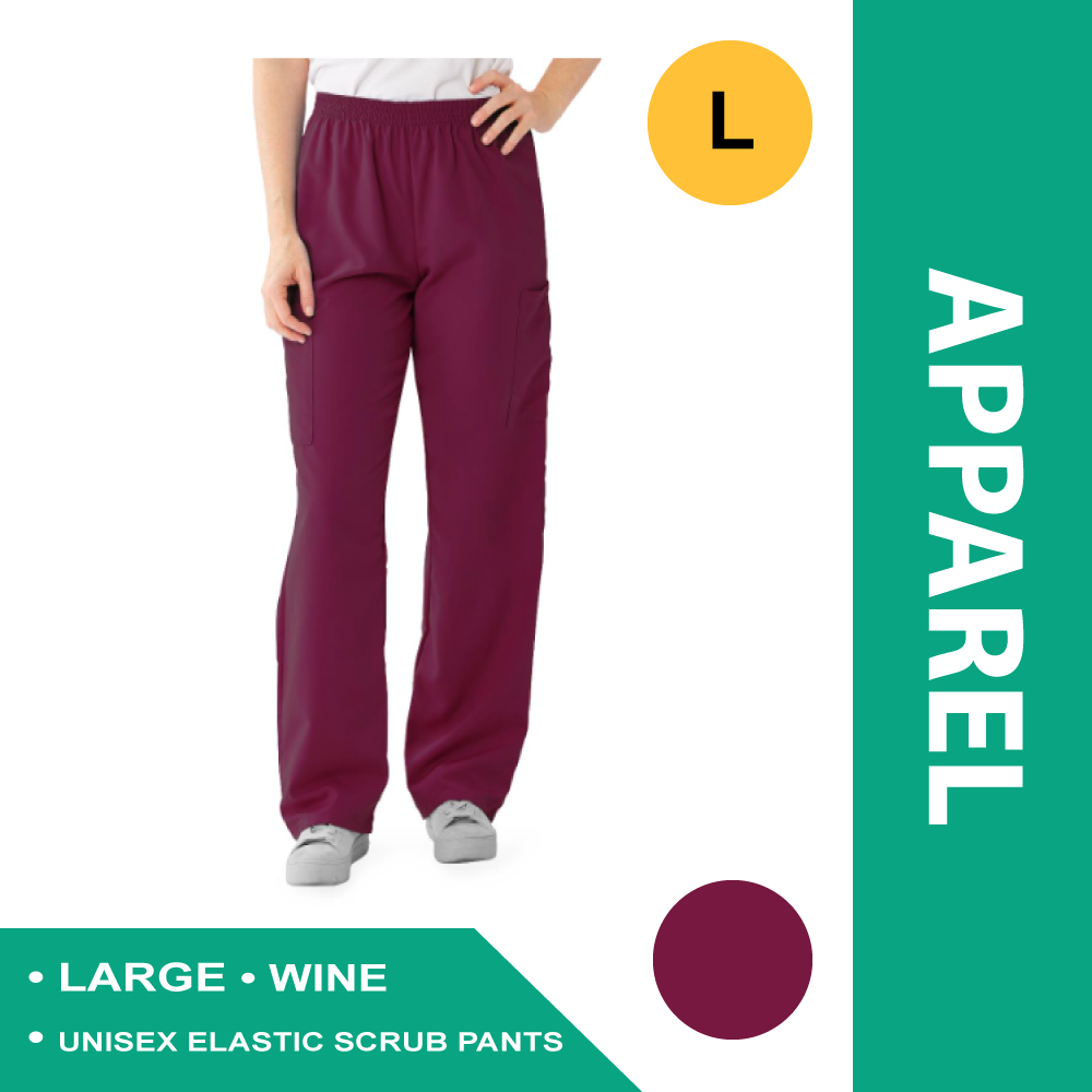 PERFORMAX UNISEX ELASTIC WAIST SCRUB PANTS, SIZE L REGULAR INSEAM, WINE