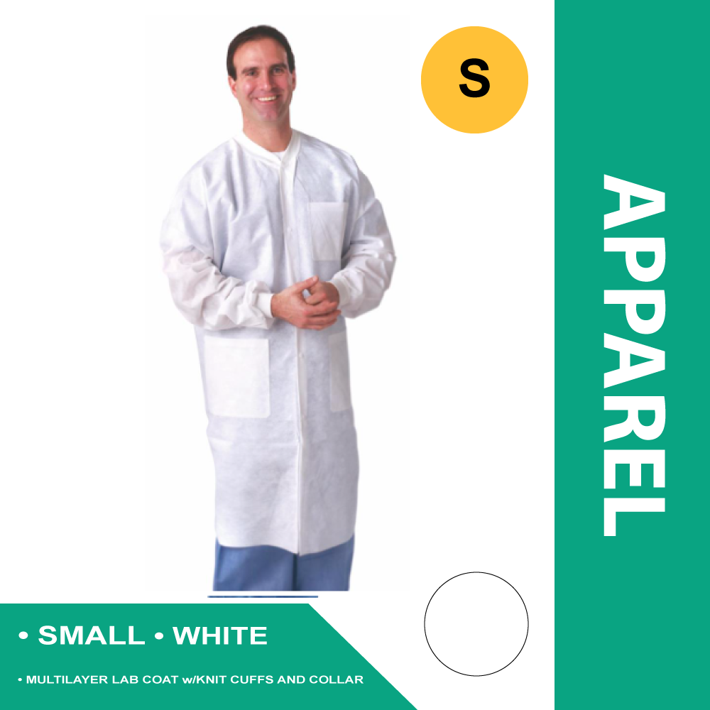 DISPOSABLE KNIT CUFF / KNIT COLLAR MULTILAYER LAB COATS, WHITE/SMALL