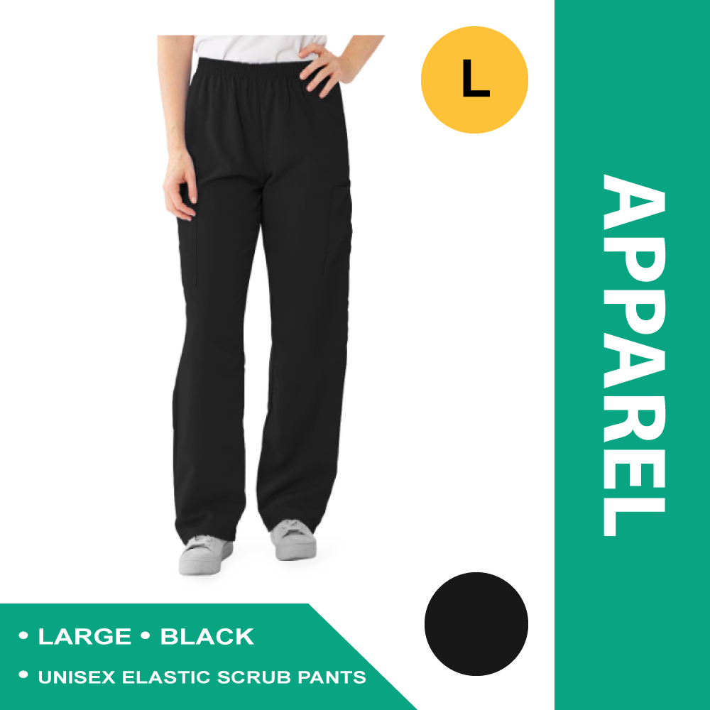 PERFORMAX UNISEX ELASTIC WAIST SCRUB PANTS, SIZE L REGULAR INSEAM, BLACK