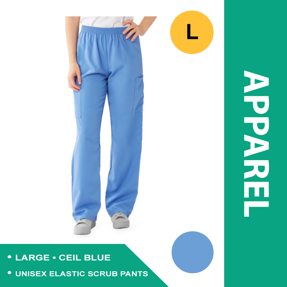 PERFORMAX UNISEX ELASTIC WAIST SCRUB PANTS, SIZE L REGULAR INSEAM, CEIL BLUE