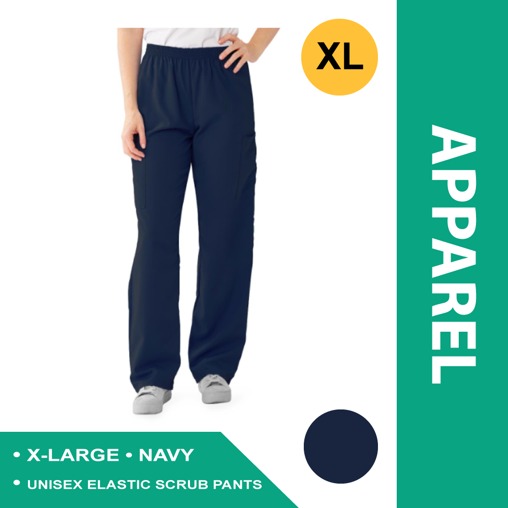 PERFORMAX UNISEX ELASTIC WAIST SCRUB PANTS, SIZE XL REGULAR INSEAM, NAVY
