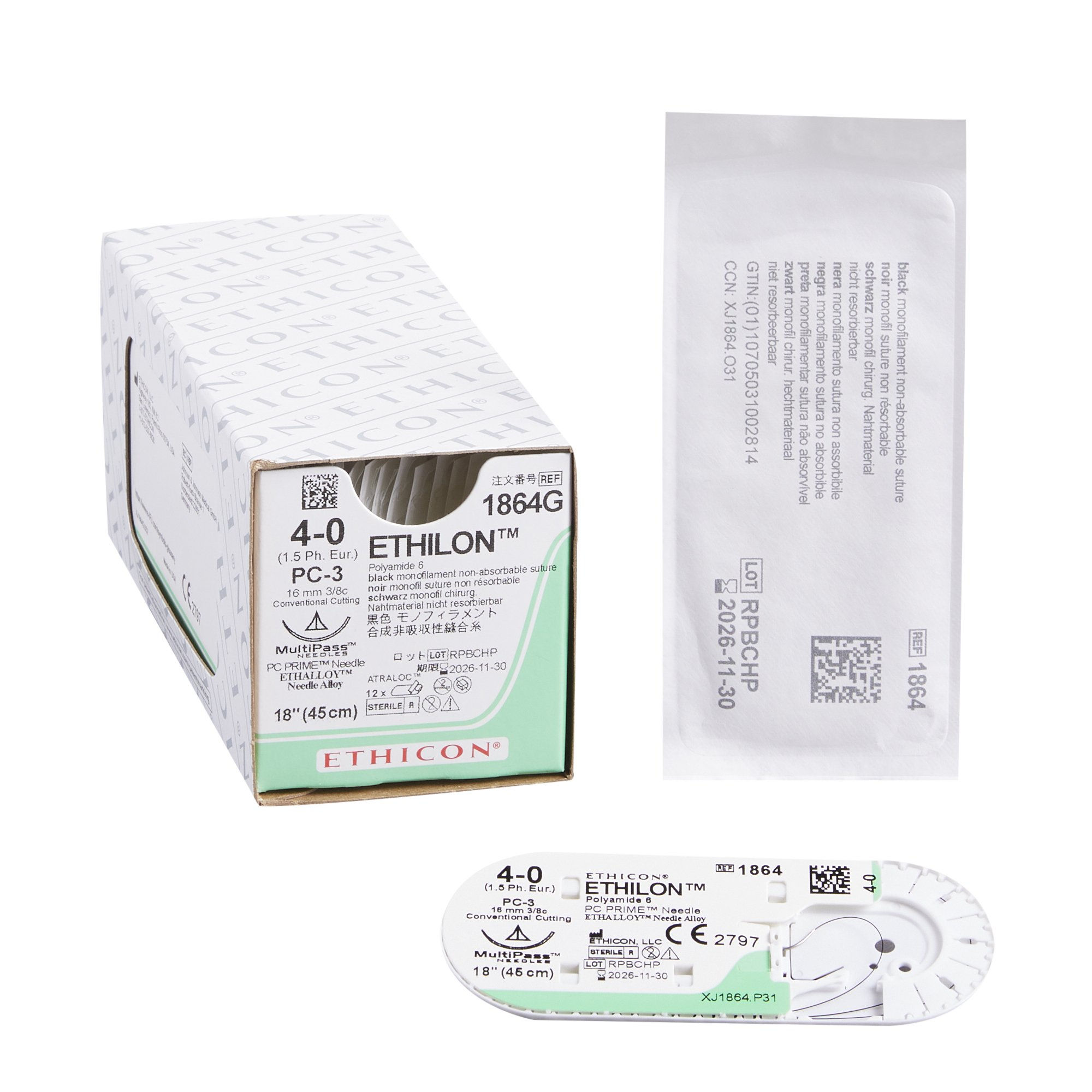 SUTURE, ETHILON BLK MONO 4-0 18" PC-3 (12/BX)
