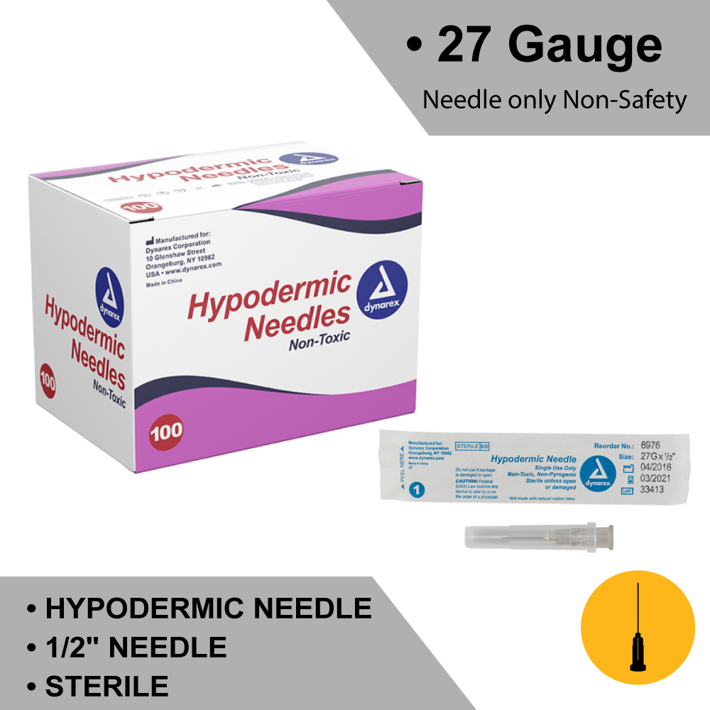 HYPODERMIC NEEDLE - NON-SAFETY, 27G, 1/2" NEEDLE, 10/100/CS