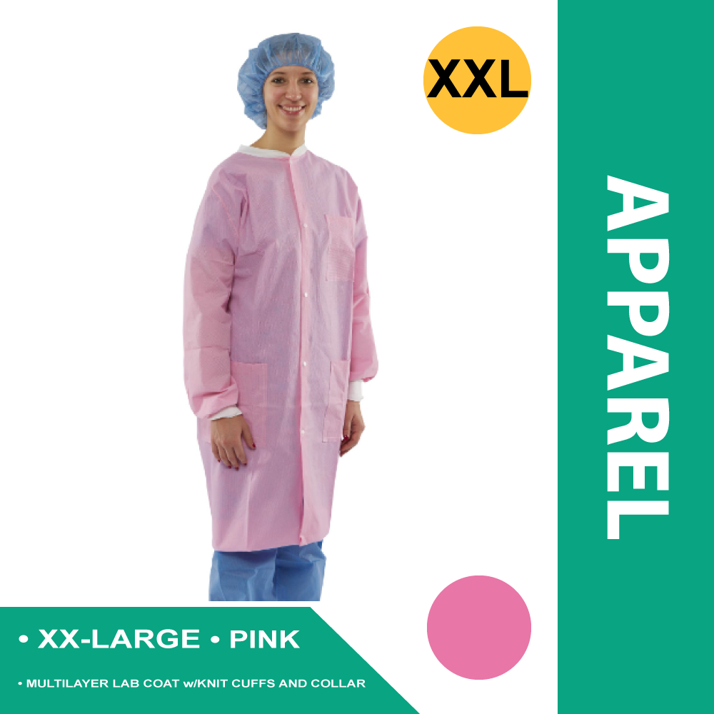 DISPOSABLE KNIT CUFF / KNIT COLLAR MULTILAYER LAB COATS, PINK/XX-LARGE