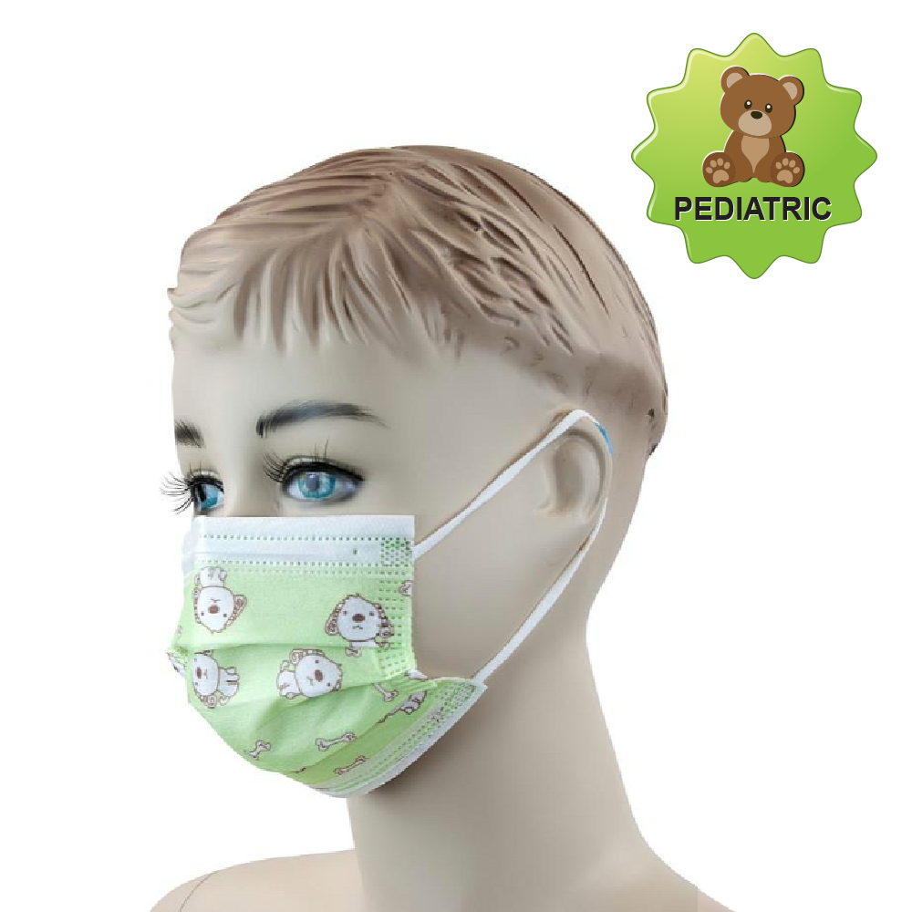 CHILD FACE MASK, DOG PRINT / GREEN BACKGROUND, 12/50/CS