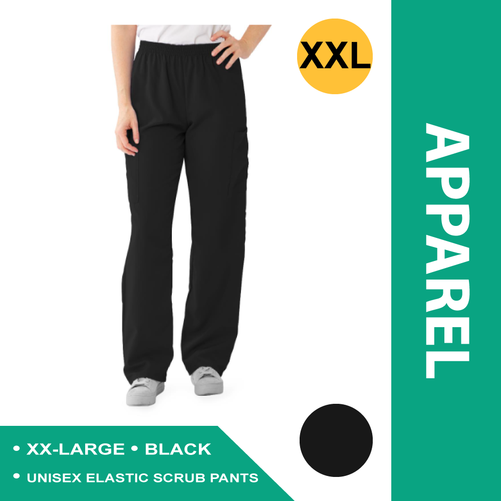 PERFORMAX UNISEX ELASTIC WAIST SCRUB PANTS, SIZE XXL REGULAR INSEAM, BLACK