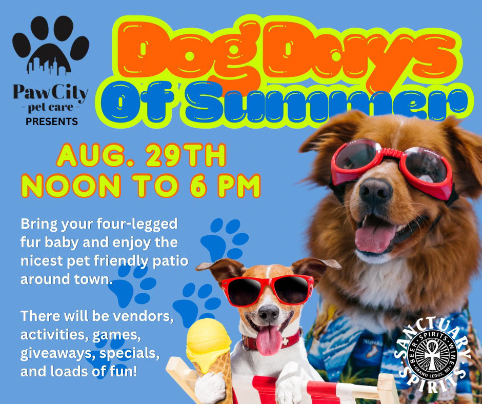 Promotional graphic for Dog Days of Summer, presented by PayCity Pet Care, on August 29 from noon to 6 p.m. at Sanctuary Spirits. The event features vendors, games, giveaways, specials, activities, and a pet-friendly patio. The graphic includes two dogs wearing sunglasses.