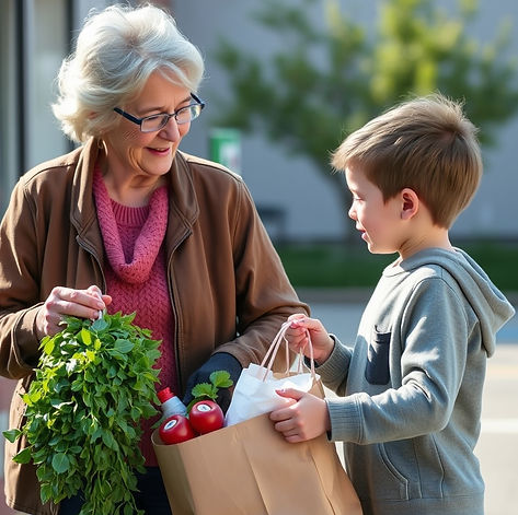 Photo of a child helping a senior citize