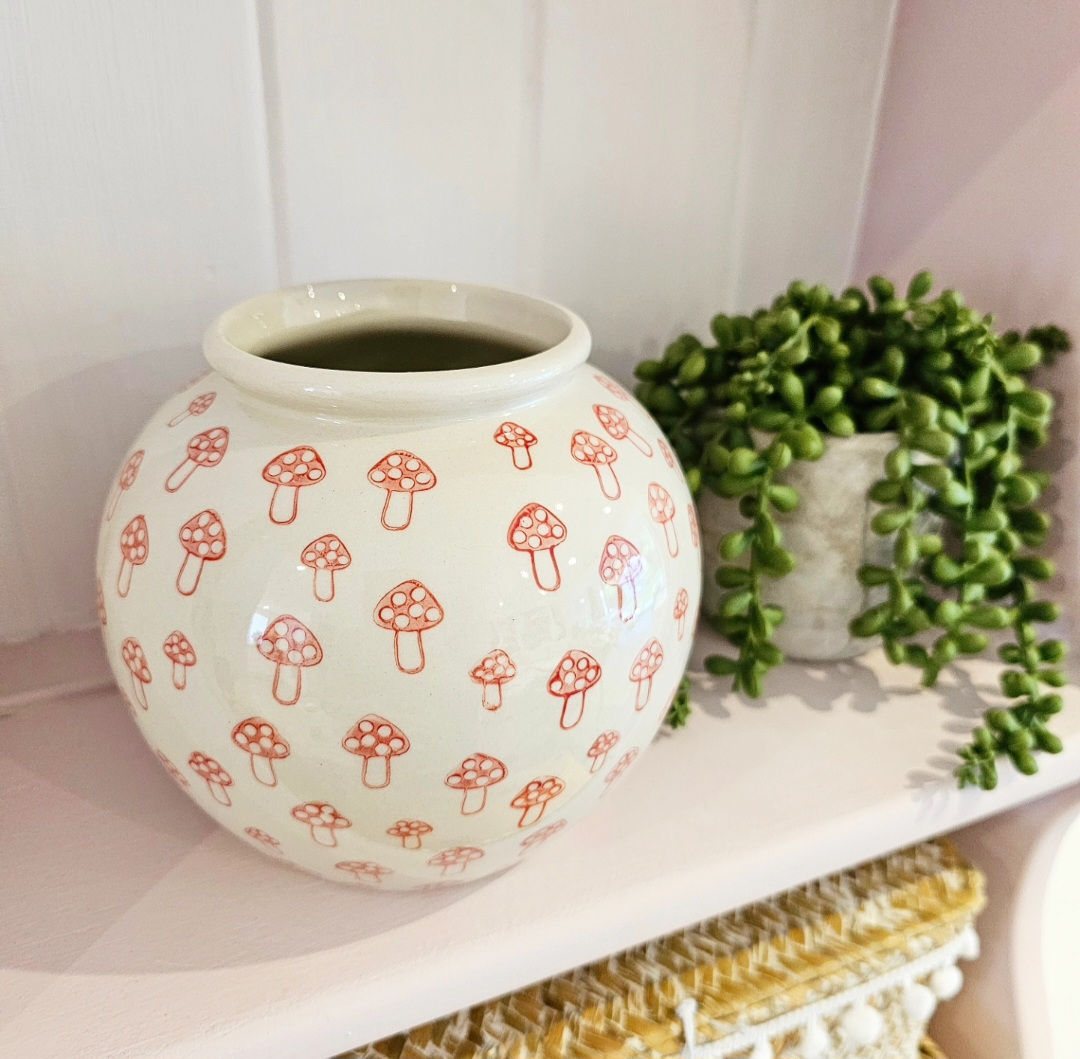 Ceramic Mushroom Print Vase - Red Toadstool Pattern