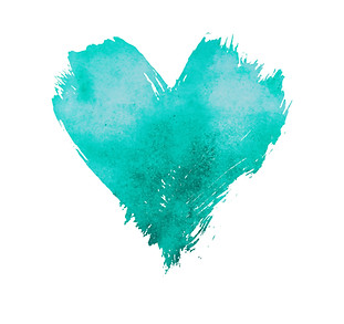 Teal blue pastel watercolor painted heart with brushstroke grunge shape and paintbrush tex