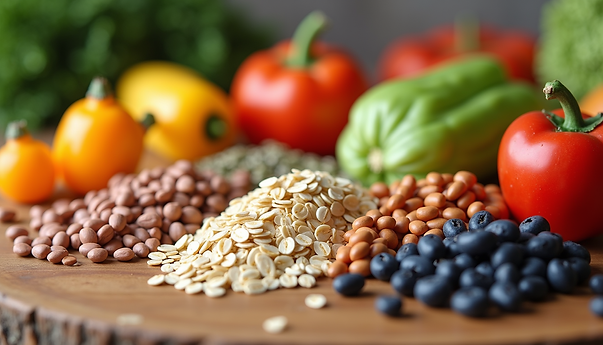 Close-up view of a bowl filled with mixed high-fiber foods including beans, oats, and vegetables